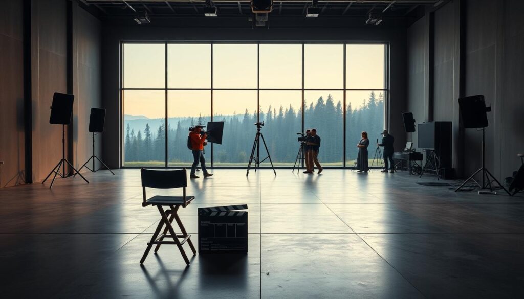 A sleek and modern film production studio, with a central stage illuminated by soft, warm lighting. In the foreground, a director's chair and a clapperboard sit atop a polished concrete floor. The middle ground features a camera crane and a team of filmmakers, capturing the action unfolding on the stage. The background showcases a wall of large windows, offering a view of a serene, forested landscape, creating a sense of tranquility and inspiration. The overall atmosphere is one of professionalism, creativity, and attention to detail, perfectly suited for the production of a high-quality product film for Castrol.