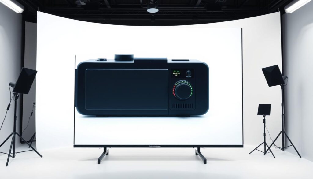 A sleek, high-quality product video playing on a modern, minimalist display. The screen showcases the product in crisp detail, with careful lighting and camera angles highlighting its key features. The background is a clean, white studio space, creating a professional, studio-like atmosphere. The product is presented in a way that emphasizes its quality, functionality, and desirability. The overall aesthetic is polished, sophisticated, and designed to captivate the viewer, conveying the effectiveness and impact of professional product videos.
