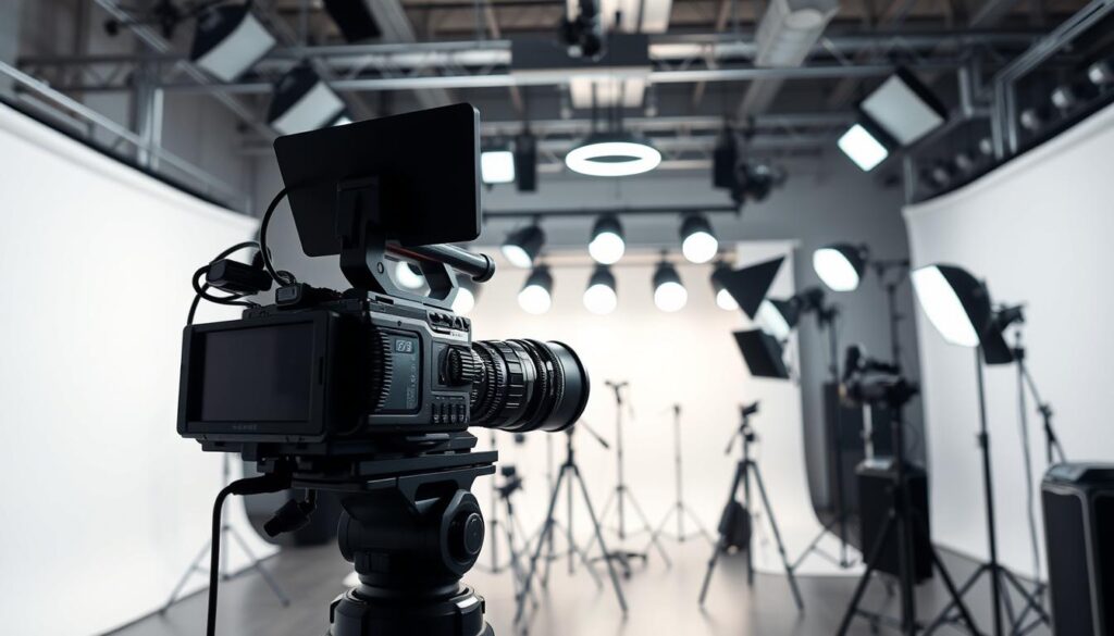 A sleek, modern film studio set with professional video production equipment. In the foreground, a high-quality cinema camera with a telephoto lens mounted on a sturdy tripod, ready to capture cinematic footage. In the middle ground, an array of studio lighting setups, including softboxes and ring lights, illuminating the scene with a warm, flattering glow. The background features a seamless white cyclorama, creating a clean, minimalist backdrop for the video shoot. The overall atmosphere conveys a sense of professionalism, efficiency, and high-quality video production capabilities.