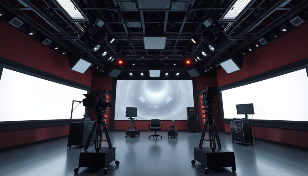 Generuj obraz: nowoczesne studio filmowe z zaawansowanym sprzętem Generuj obraz: nowoczesne studio filmowe z zaawansowanym sprzętem