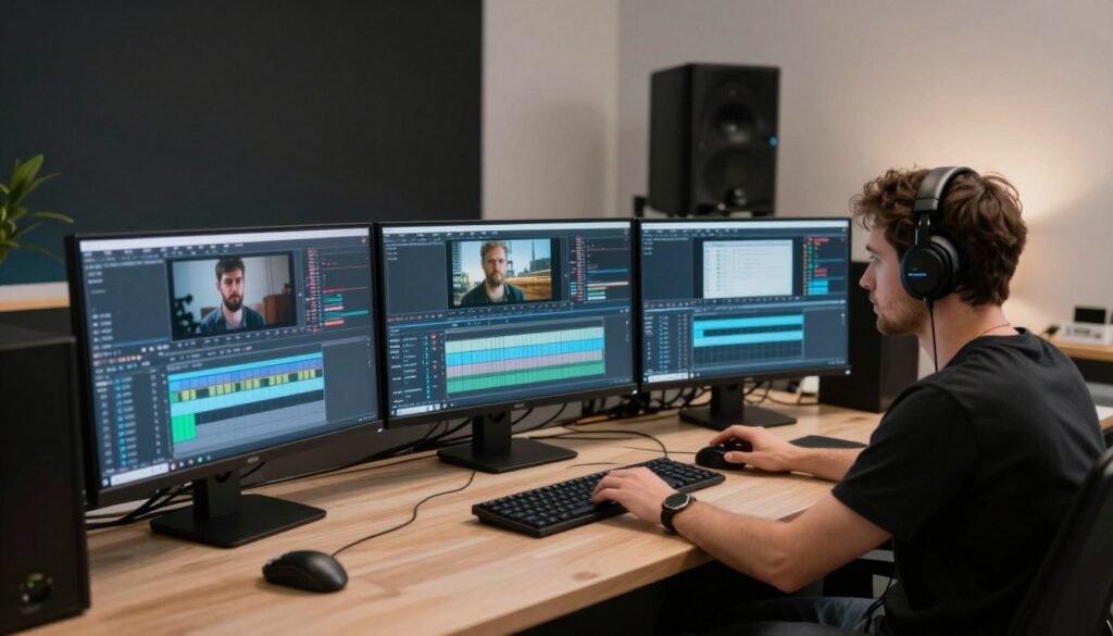 A professional and modern video production studio in Warsaw, showing editors working at high-end workstations with multiple monitors, soft studio lighting, and a creative atmosphere.