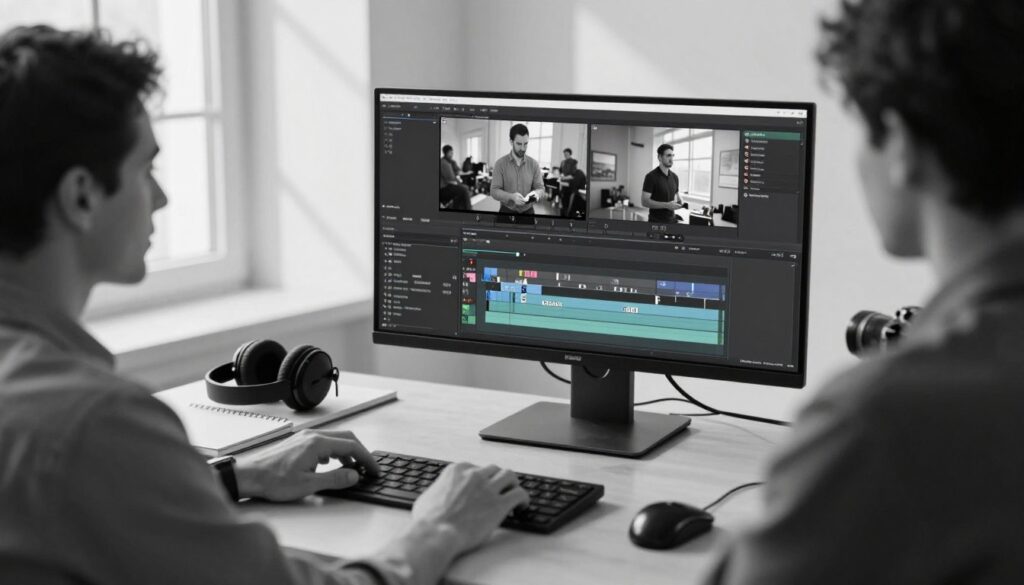 A professional film editing scene for a corporate training video, captured in monochrome tones. In the foreground, a focused editor, wearing smart casual attire, is seen arranging clips on a computer interface filled with video editing software. The middle ground features a large monitor displaying a timeline of training footage, with clear markers indicating edits and transitions. Behind, a well-organized workspace includes tools like headphones, a camera, and notepads, enhancing the atmosphere of professionalism and creativity. Soft, natural lighting streams in from a window, casting gentle shadows that highlight the editor's concentration. The overall mood is one of diligence and expertise, encapsulating a professional approach to film editing for corporate training.