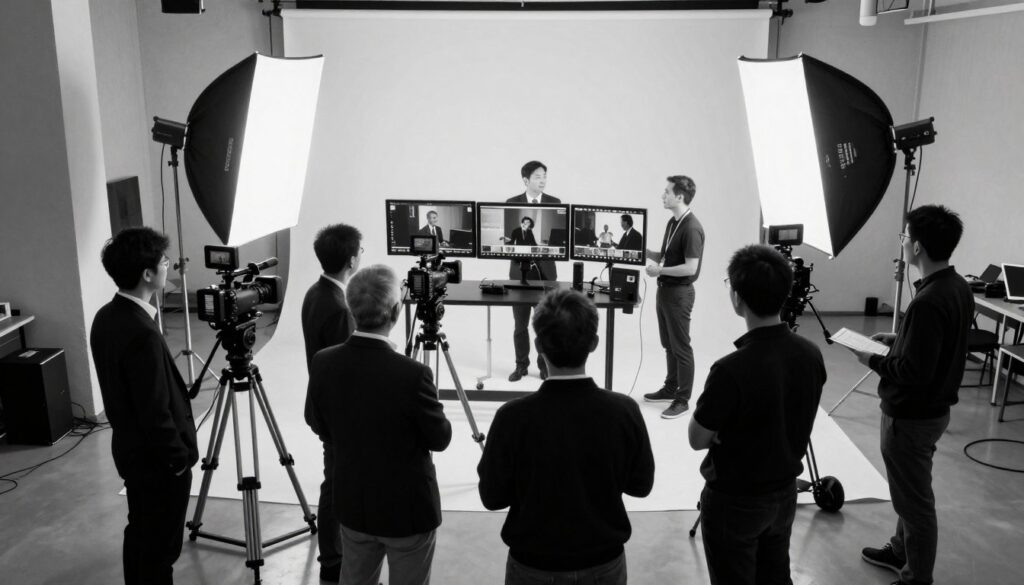 A professional setting showcasing a training film production scene in black and white. In the foreground, a diverse crew of professionals in formal business attire is engaged in setting up equipment, including tripods, cameras, and sound gear, with a clear focus on collaboration. The middle ground features a director discussing scenes with a camera operator, surrounded by monitors displaying footage. The background reveals a well-lit studio with softboxes casting flattering light, creating a focused yet dynamic atmosphere. The entire composition is framed from a slightly elevated angle to capture the energy of the production process, evoking a sense of dedication and professionalism in creating training films for corporate environments.